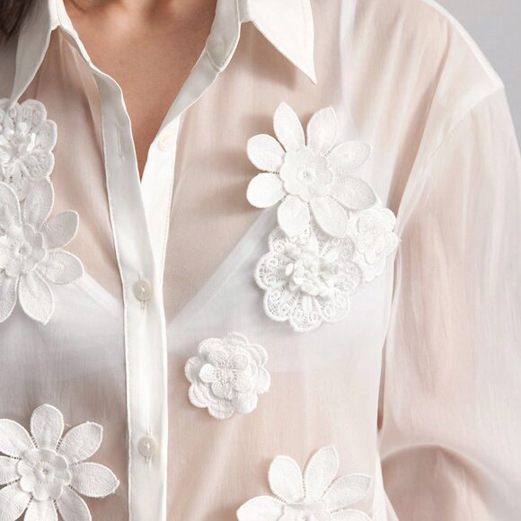 Women's Floral 3d Embellished Long Sleeve Blouse white - Picture 3 of 9
